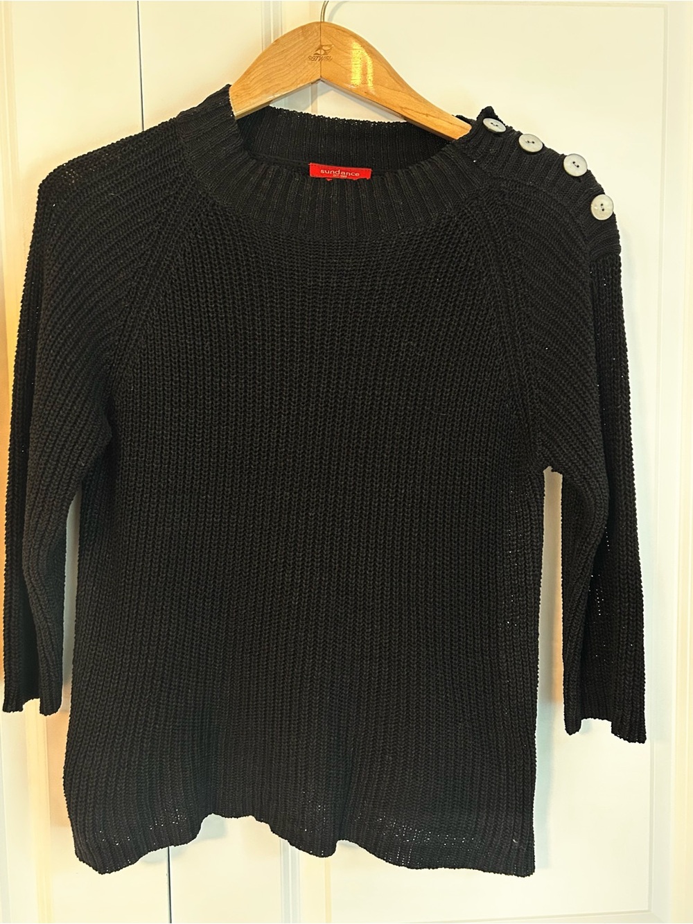 Sundance linen open knit button shoulder shaker sweater black